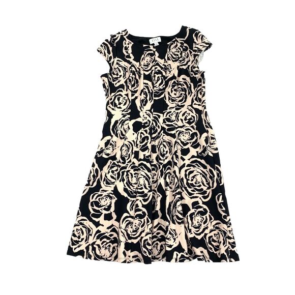 Elle Dresses & Skirts - Elle Floral Print Short Sleeve A-Line Pleated Dress Size XL Womens Black Cream